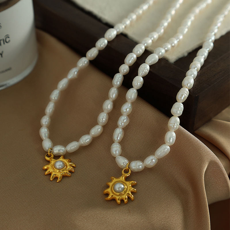 Freshwater Pearl Necklace Gold Sun Pendant Titanium Steel French Vintage Baroque Jewelry For Women