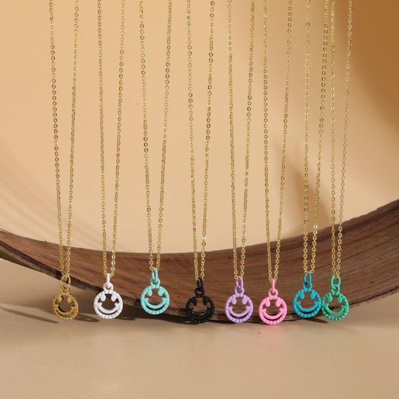 Smiley Face Pendant Necklace Copper Enamel Colorful Paint Hollow Out Minimalist Fashion Jewelry Women