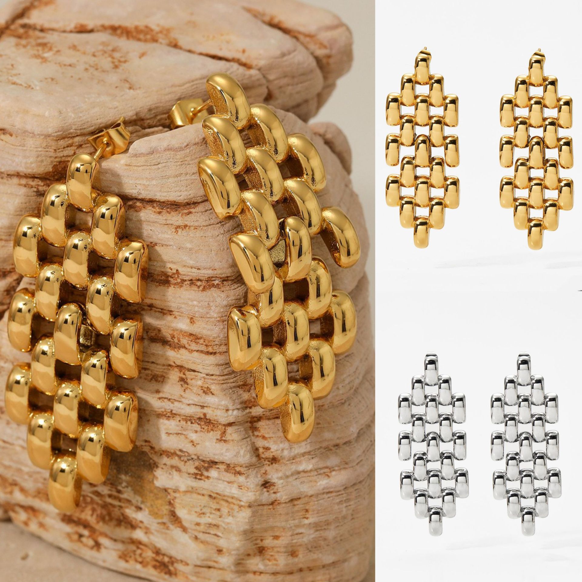 Stainless Steel Jubilee Link Chain Earrings Gold Silver Plated Woven Metal Half Hoop Earrings For Women Fashion Statement Jewelry