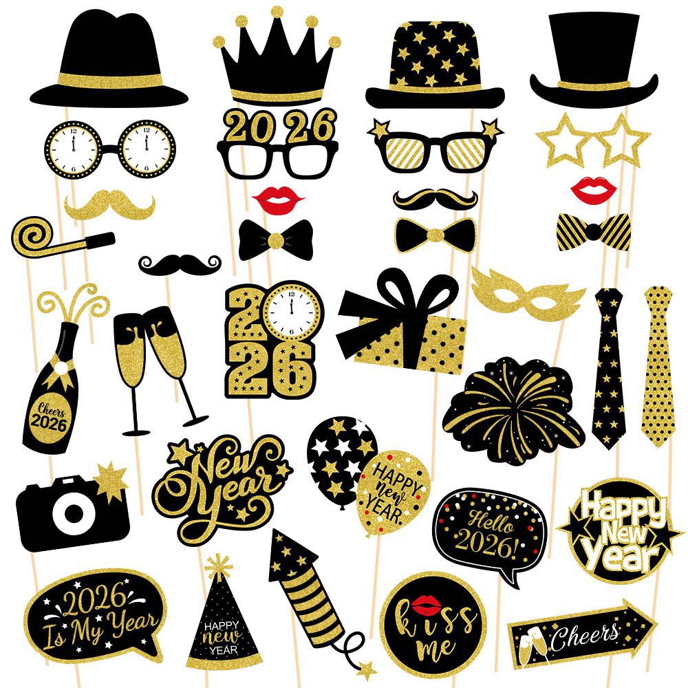 2026 New Year Photo Booth Props Set Black Gold Glitter Paper Card Funny Selfie Props For Happy New Year Eve Party Decorations