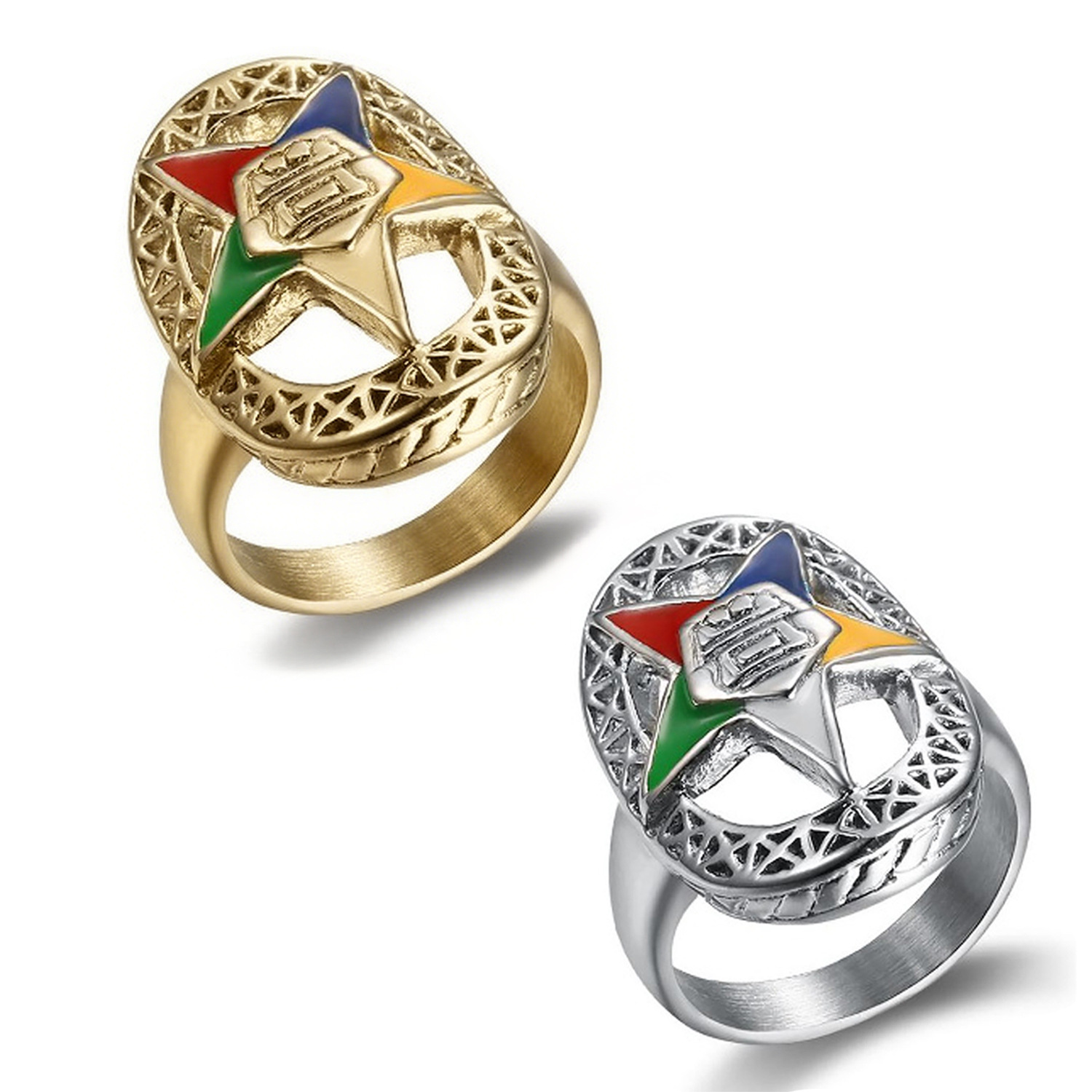 Vintage Order of the Eastern Star OES Ring Stainless Steel Colorful Enamel Five-Pointed Star Hollow Out Band Ring For Women Masonic Jewelry