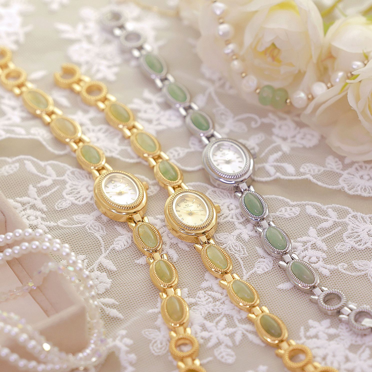 Women's Quartz Watch Green Oval Stones Alloy Jewelry Bracelet Chain Luxury Vintage Style Ladies Analog Wristwatch For Party Daily Wear