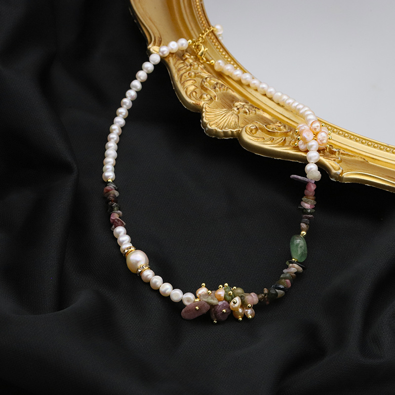Freshwater Pearl And Natural Stone Chip Necklace Baroque Style 18K Gold Plated Handcrafted Elegant Jewelry For Women