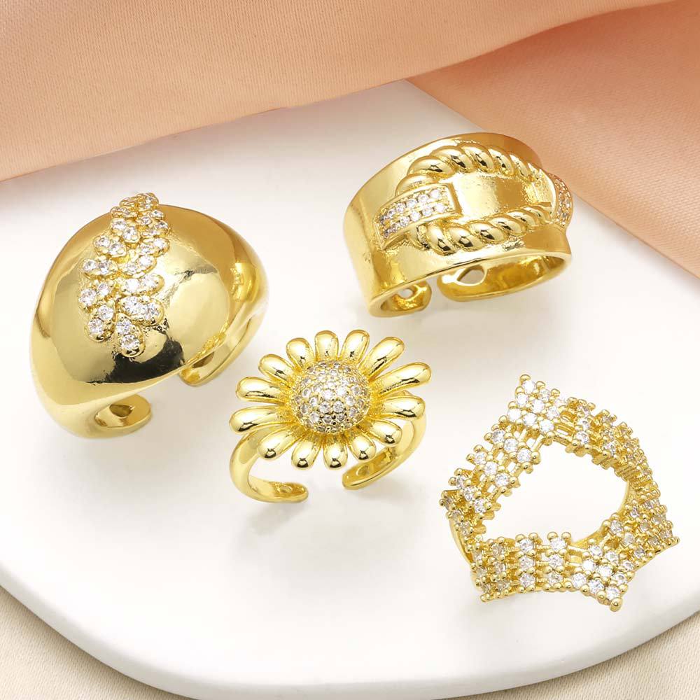 Anillos Abiertos De Cobre Chapado En Oro Margarita Girasol Nudo Geométrico Para Mujer Elegante Circón Ajustable Joyería