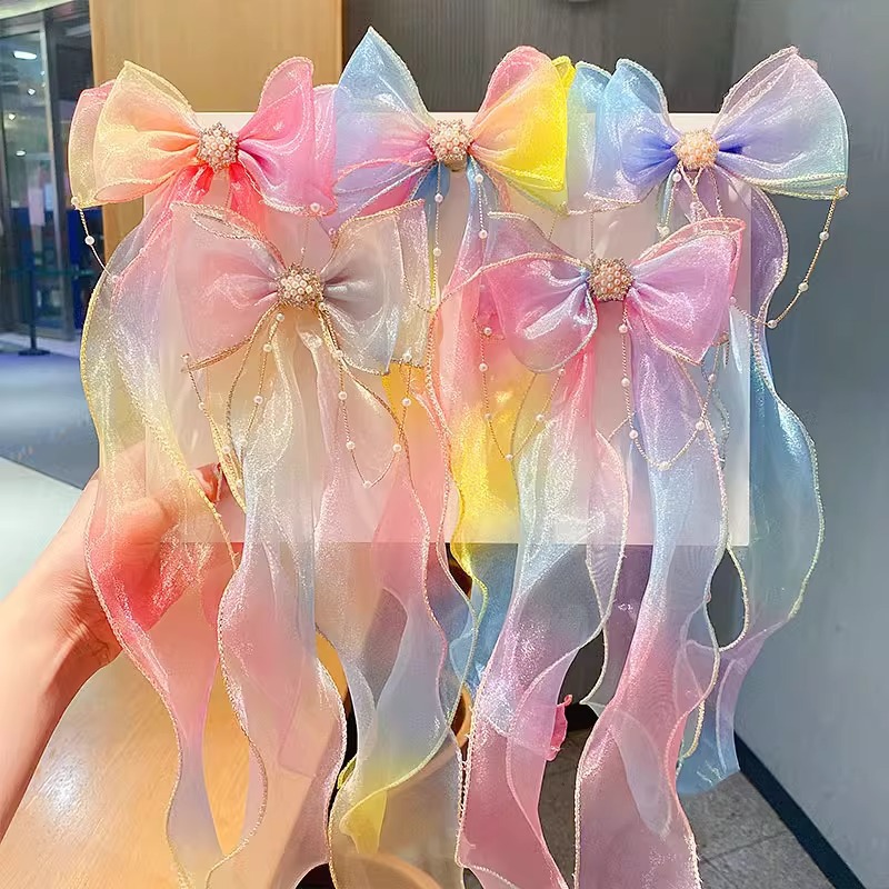 Girls Rainbow Gradient Bow Hair Clips With Long Tulle Streamers Pearl Chain Tassels Princess Hairpin Accessories For Kids Party Hair Decoration
