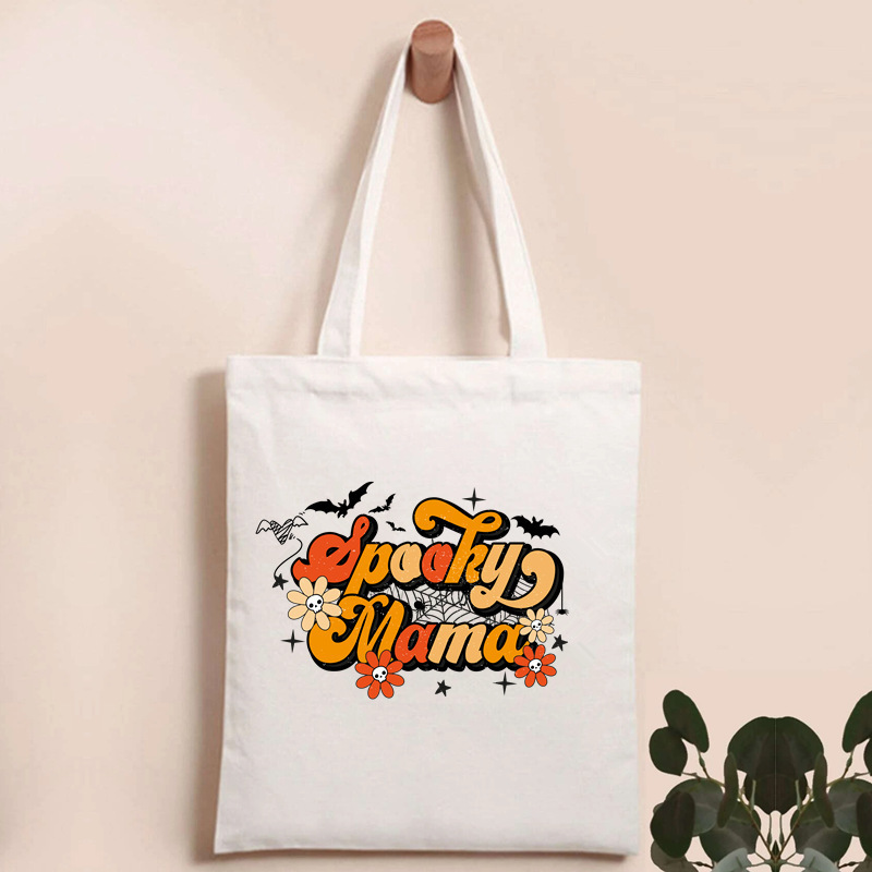 Halloween Pumpkin Canvas Tote Bag Spooky Mama Fall Y'all Print Shopping Bag For Women Large Capacity Casual Shoulder Bag For Thanksgiving Party