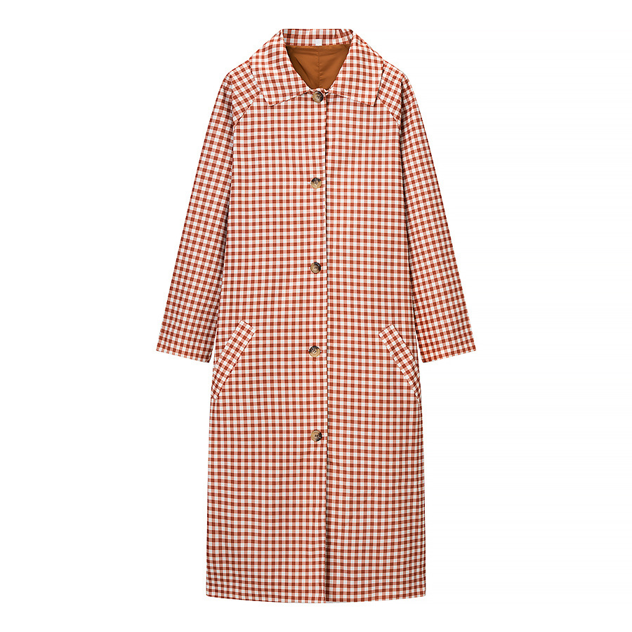 Women's Gingham Trench Coat Plaid Long Sleeve Suede Polyester Overcoat Casual Single Breasted Loose Long Jacket Fashion Fall Outerwear for Lady