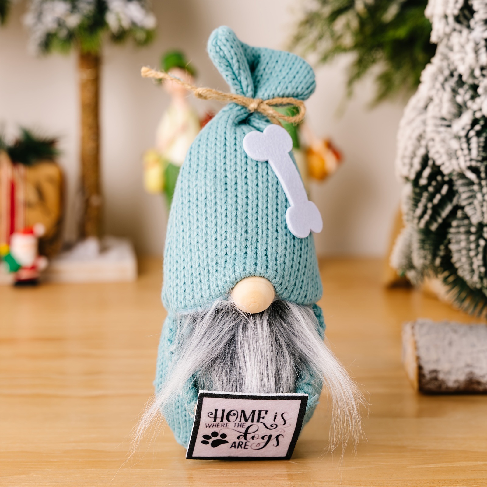 Christmas Gnome Plush Decoration Handmade Swedish Tomte Elf With Knitted Hat Bone Decor Holding Home Is Where The Dogs Are Sign For Holiday Home Decor