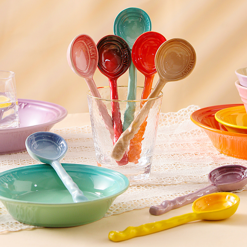 Rainbow Ceramic Long Handle Spoon Wavy Handle Dessert Soup Spoon For Home Restaurant Tableware Nordic Style Ceramic Cutlery