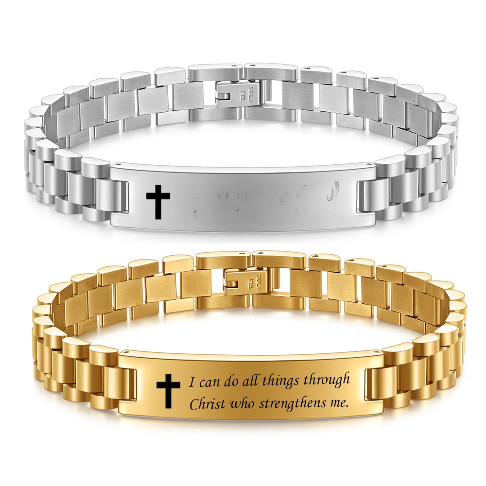 Men's Stainless Steel Cross Scripture Link Bracelet Engraved Bible Verse I Can Do All Things Through Christ Who Strengthens Me Watchband Chain Jewelry