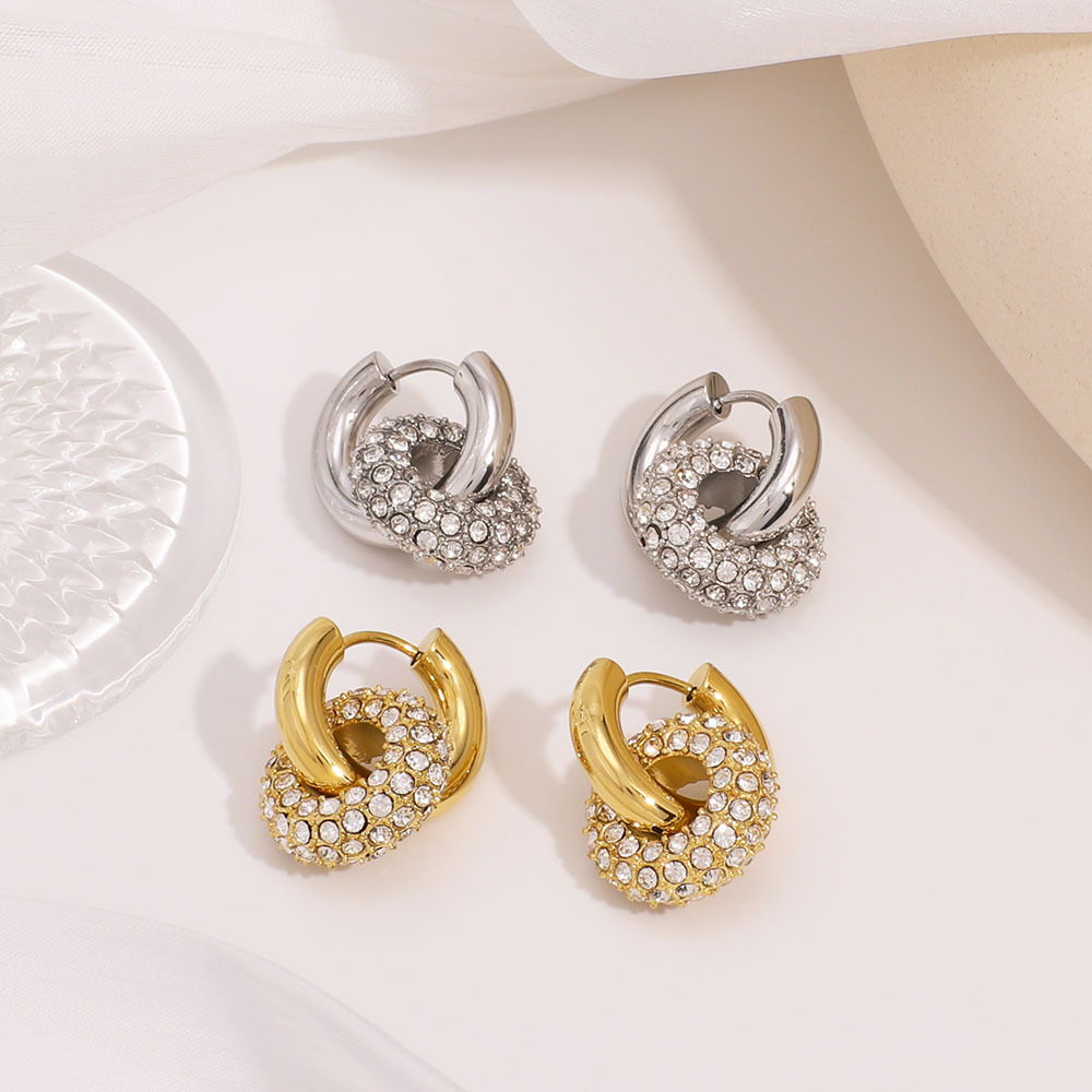 Stainless Steel Double Ring Hoop Earrings With Cubic Zirconia Pave Pendent Waterproof Hypoallergenic Luxury Earrings For Women Jewelry Gold Silver