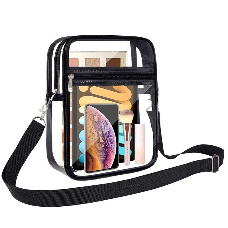 Clear PVC Crossbody Bag Waterproof Transparent Shoulder Bag With Adjustable Nylon Strap Stadium Approved Messenger Bag For Sports Beach Travel Women Men