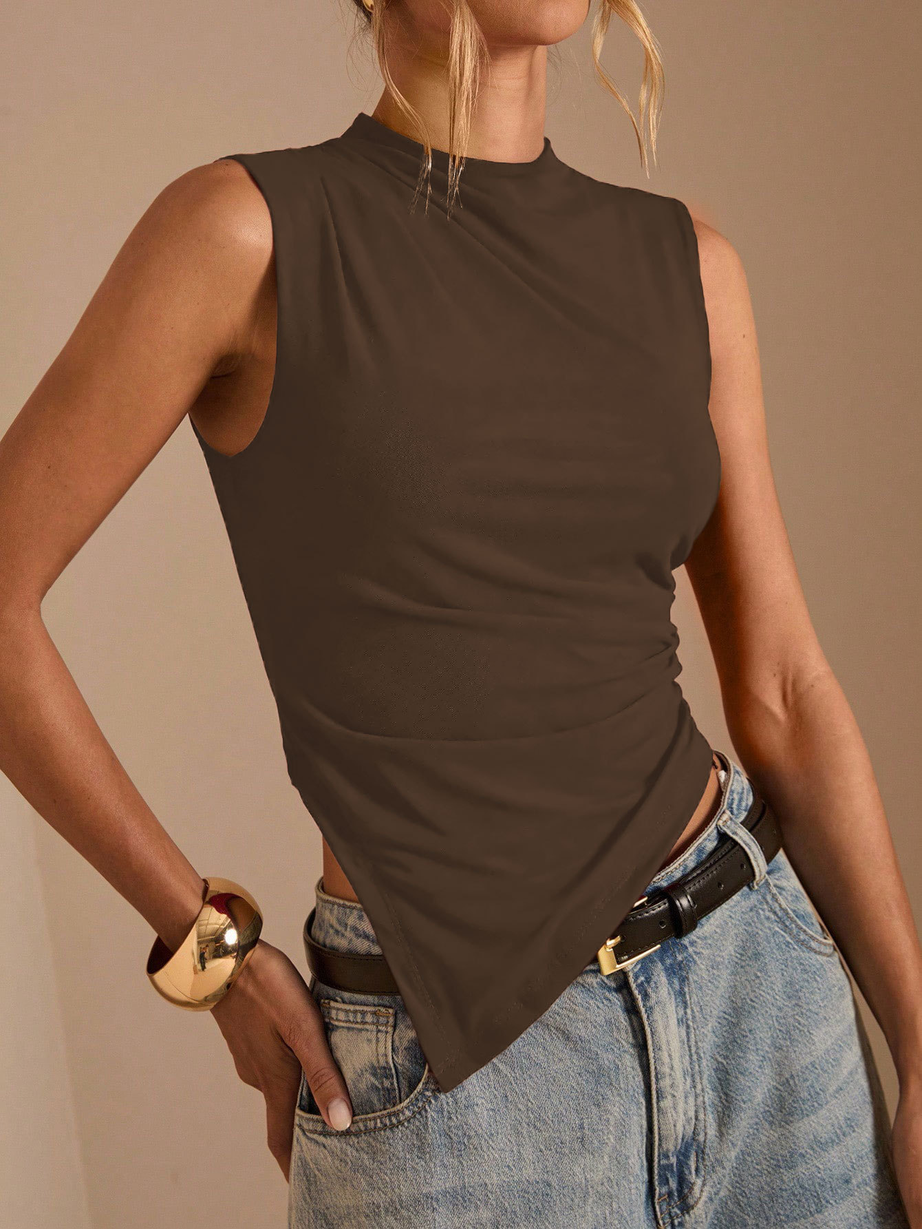 Women's Irregular Hem Sleeveless Knit Tank Top Slim Fit Mock Neck Brown Summer Casual Vest For Ladies Breathable Streetwear Polyester Elastane Blend