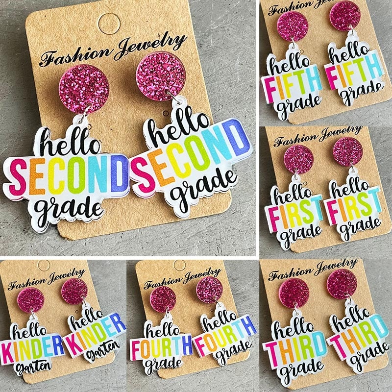 Acrylic Drop Earrings For Back To School Season Pink Glitter Studs With Rainbow Letter Grade Charms Teacher Student Jewelry Gifts First To Fifth Grade Kindergarten Earrings