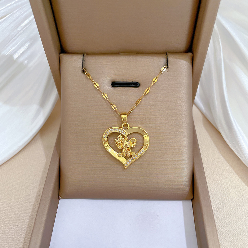 Heart Elephant Pendant Necklace Stainless Steel Copper Rhinestone Clavicle Chain Jewelry For Women