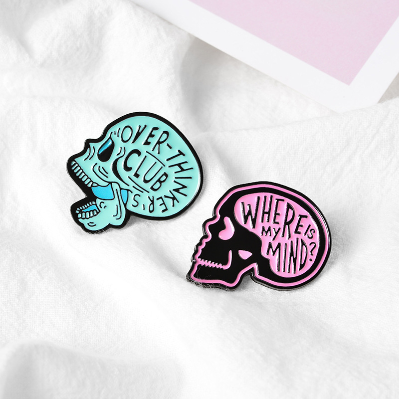Punk Skull Enamel Brooch Pin Set Alloy Metal Letter Print Badges Over-Thinker's Club Where Is My Mind Accessories For Jackets Backpacks Unisex Jewelry