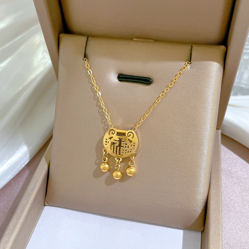 Fu Character Pendant Necklace Titanium Steel Long Life Lock With Bells Hollow Out Gold Tone For Women
