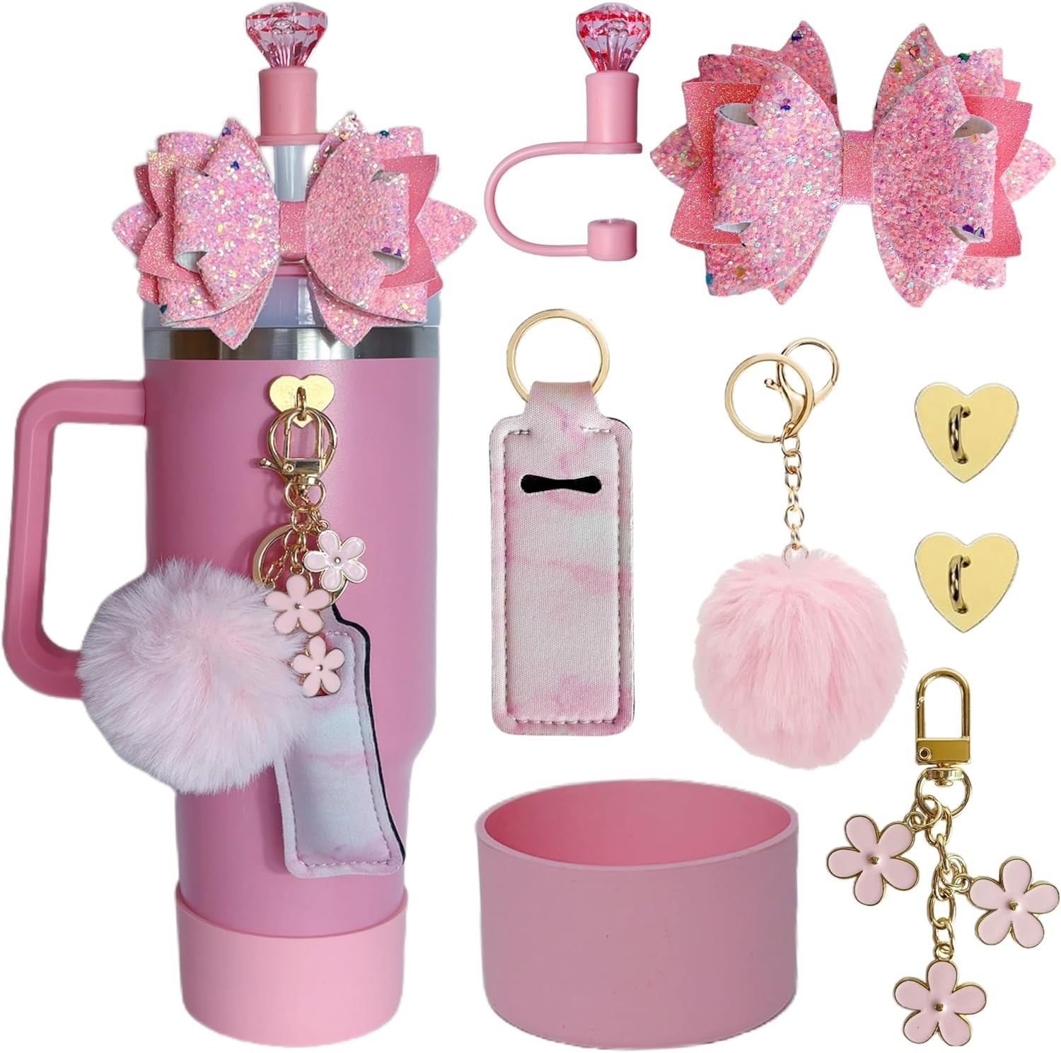 8PCS Glitter Bow Water Bottle Accessories Set With Silicone Bottom Sleeve Straw Cover Fur Ball Flower Pendant Lipstick Pouch For Stanley Cup Compatible Decoration Pink White Blue