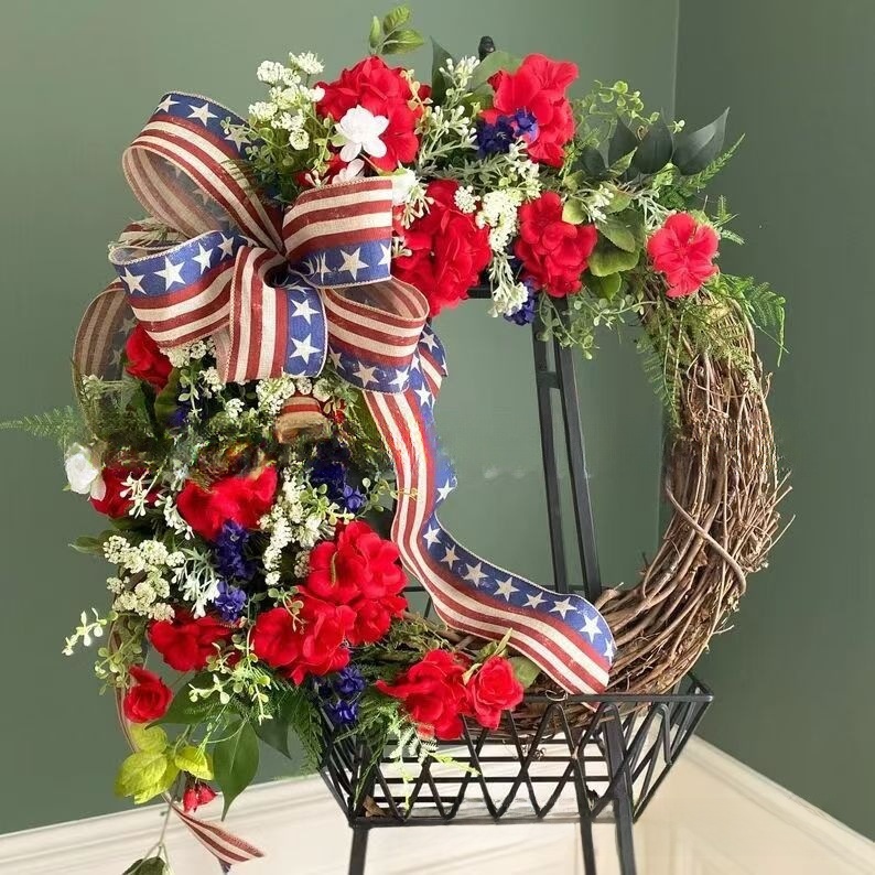 Independence Day Wreath American Flag Patriotic Floral Wreath Rattan Base Red White Blue Stars Stripes For July 4th Front Door Wall Decoration