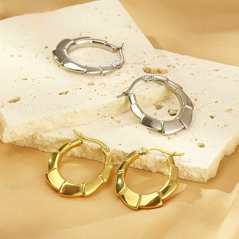 Minimalist Bamboo Joint Hoop Earrings Stainless Steel Gold Silver Plated Vintage Geometric Sectional Round Earrings For Women Daily Dating Jewelry
