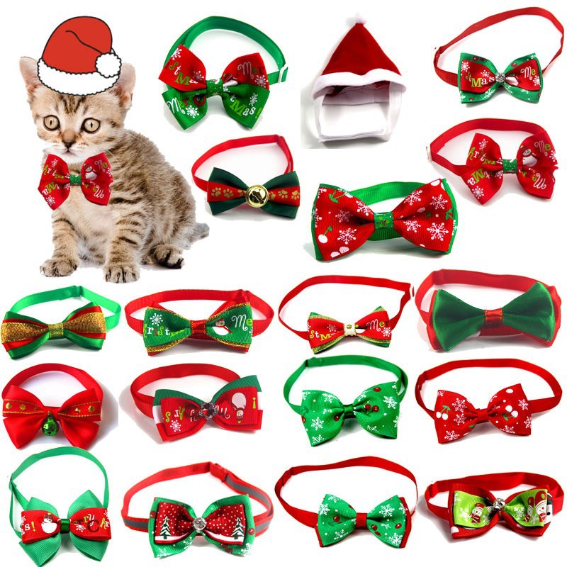 Christmas Pet Hat And Bowtie Set Adjustable Red Green Dog Cat Necktie With Bell For Holiday Party Decorations Puppy Kitten Accessories Soft Fleece Ribbon