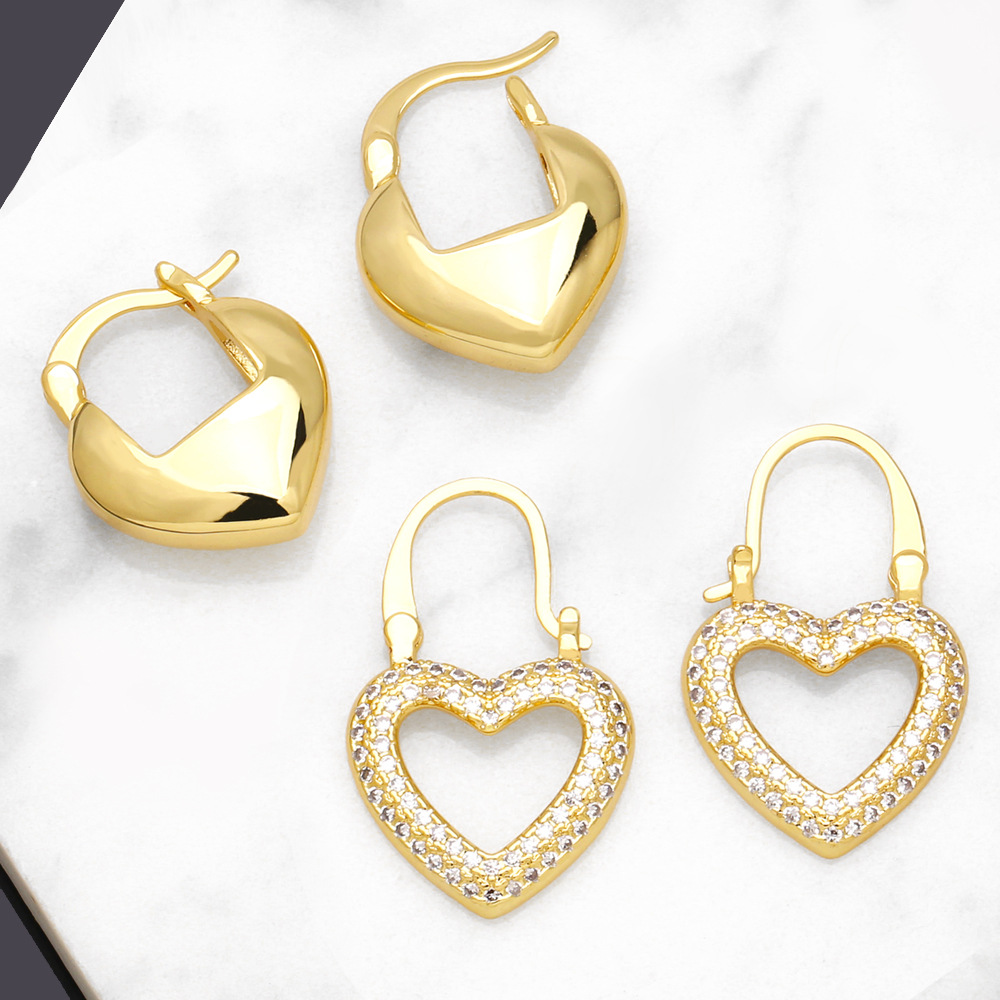Vintage Heart Hoop Earrings For Women Copper 18K Gold Plated Zircon Elegant Love Jewelry