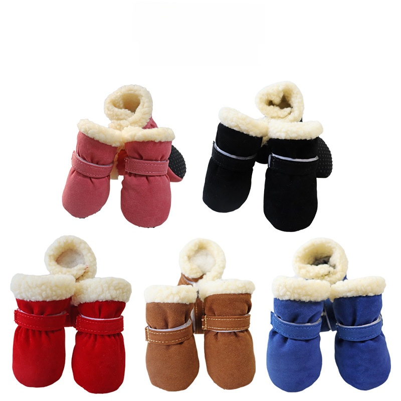Winter Pet Dog Snow Boots Warm Faux Suede Shoes With Thick Velvet Lining Non-slip Rubber Sole Adjustable Velcro Straps For Small Medium Dogs Cats Indoor Outdoor Wear