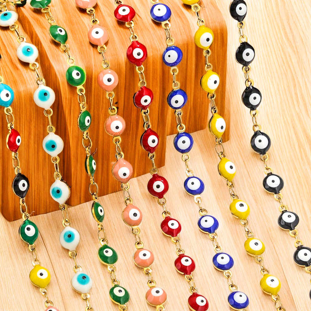 18K Gold Plated Stainless Steel Evil Eye Enamel Bead Chain For DIY Jewelry Making Necklace Bracelet Handmade Accessories 6mm Evil Eye Beads Sold By Meter