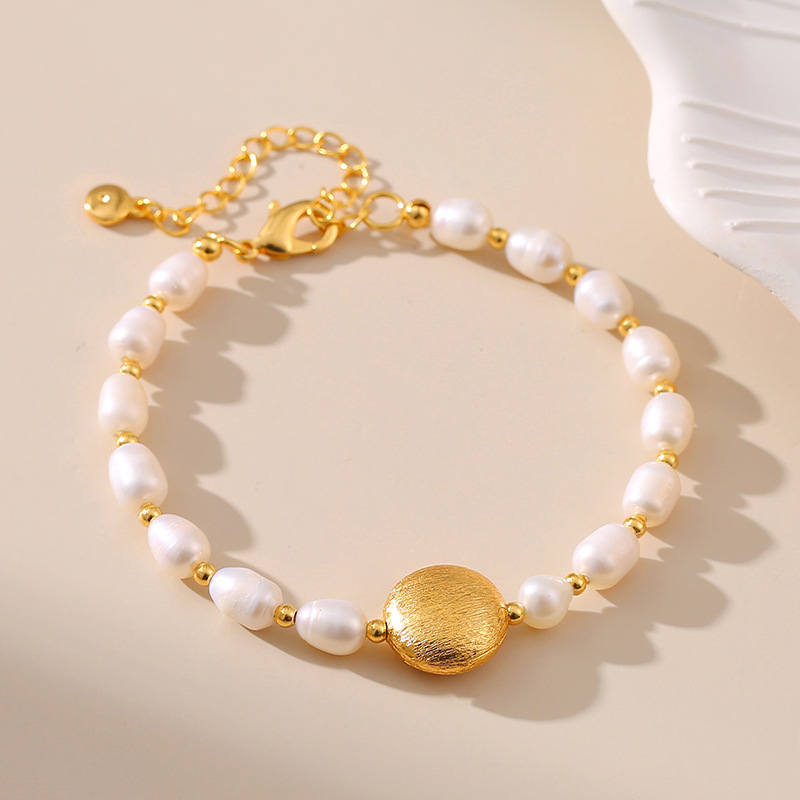 Freshwater Pearl Bracelet For Women 18K Gold Plated Copper Oval Beads Elegant Vintage Adjustable Jewelry