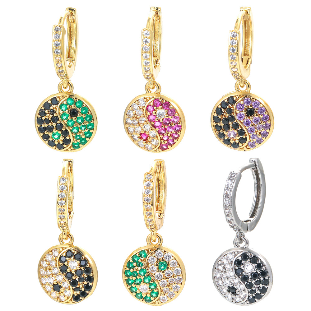 Yin Yang Tai Chi Drop Earrings Copper Gold Plated With Zircon Rhinestone Retro Geometric Dangle Hoops For Women