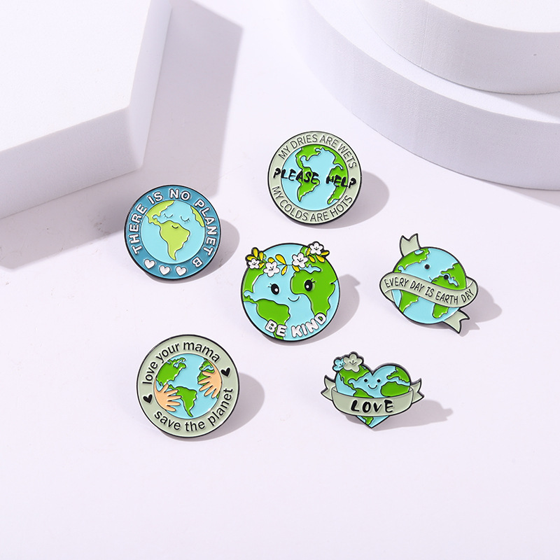 6Pcs Earth Day Enamel Brooch Set Alloy Cartoon Save The Planet Save Our Earth Heart Badge For Backpack Jacket Hat Women Men Gift Jewelry Accessories