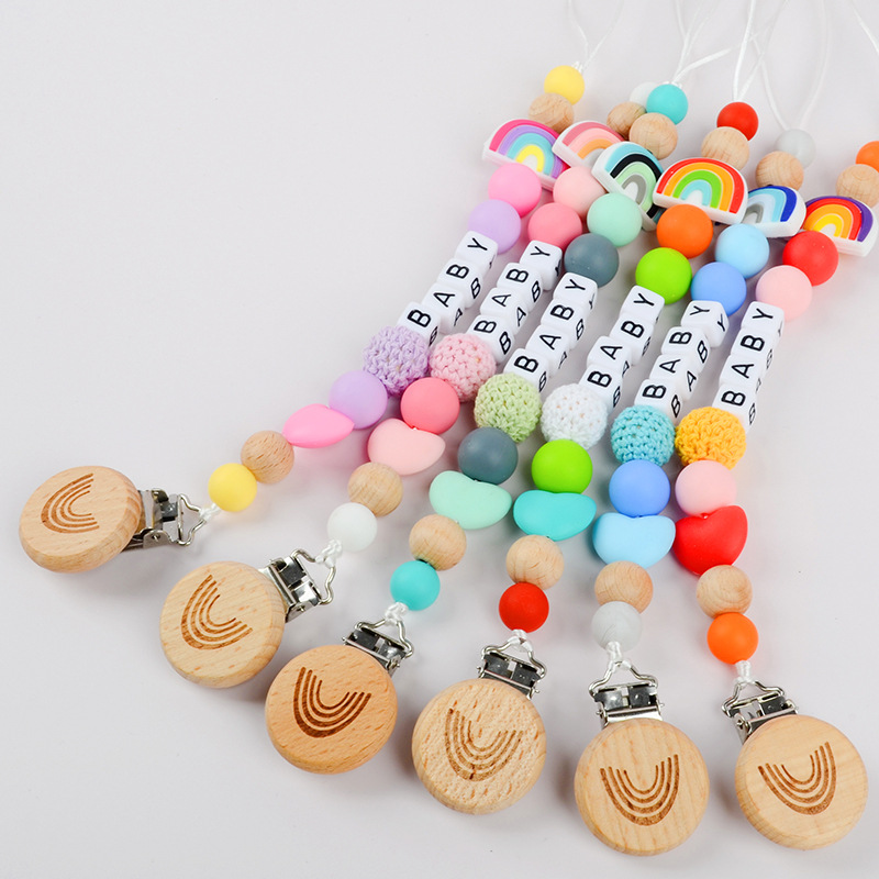 Baby Pacifier Clip Rainbow Silicone Beads Beech Wood Teething Chain Soother Holder Strap With Cotton Crochet Beads BABY Letter For Newborn Toddlers Anti-drop Leash