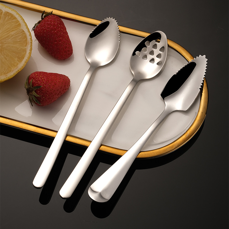 304 Stainless Steel Baby Fruit Mud Scraping Spoon Serrated Edge Perforated Food Supplement Pressing Spoon For Toddler Feeding Kitchen Tool