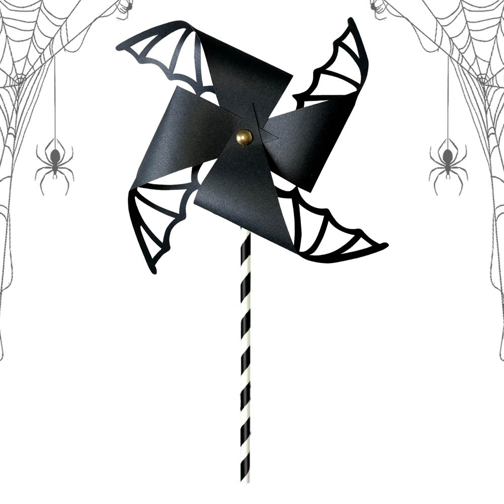 6Pcs Halloween Bat Paper Windmill Decorations With Black White Striped Paper Straws DIY Party Decor Props Cardstock Bats For Ghost Festival Home Party Site Layout Supplies