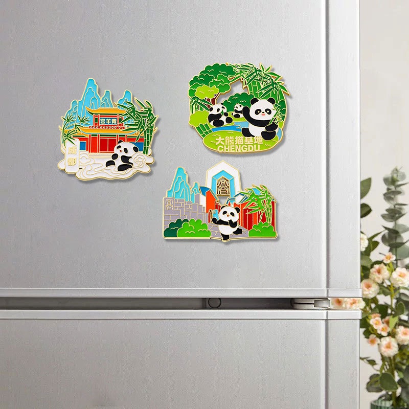 Chengdu China Tourist Souvenir Fridge Magnets Enamel Zinc Alloy Giant Panda Landmark Magnetic Sticker Decorative Brooches Badges For Home Decoration Travel Gifts