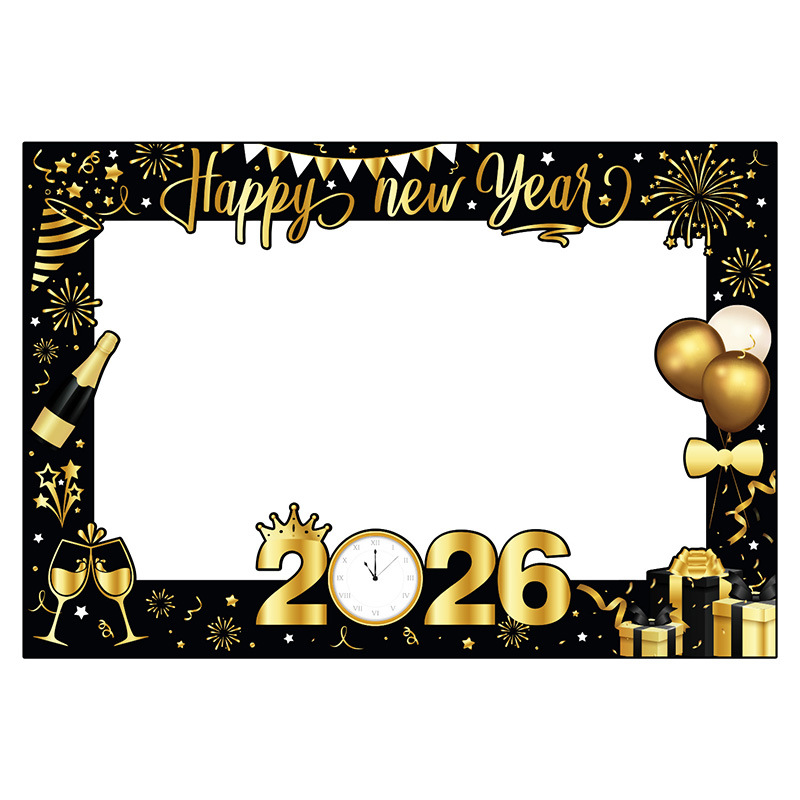 2026 Happy New Year Photo Booth Frame Prop Black Gold Paper Cardboard New Year Party Decorations Glitter Countdown Celebration Background Supplies