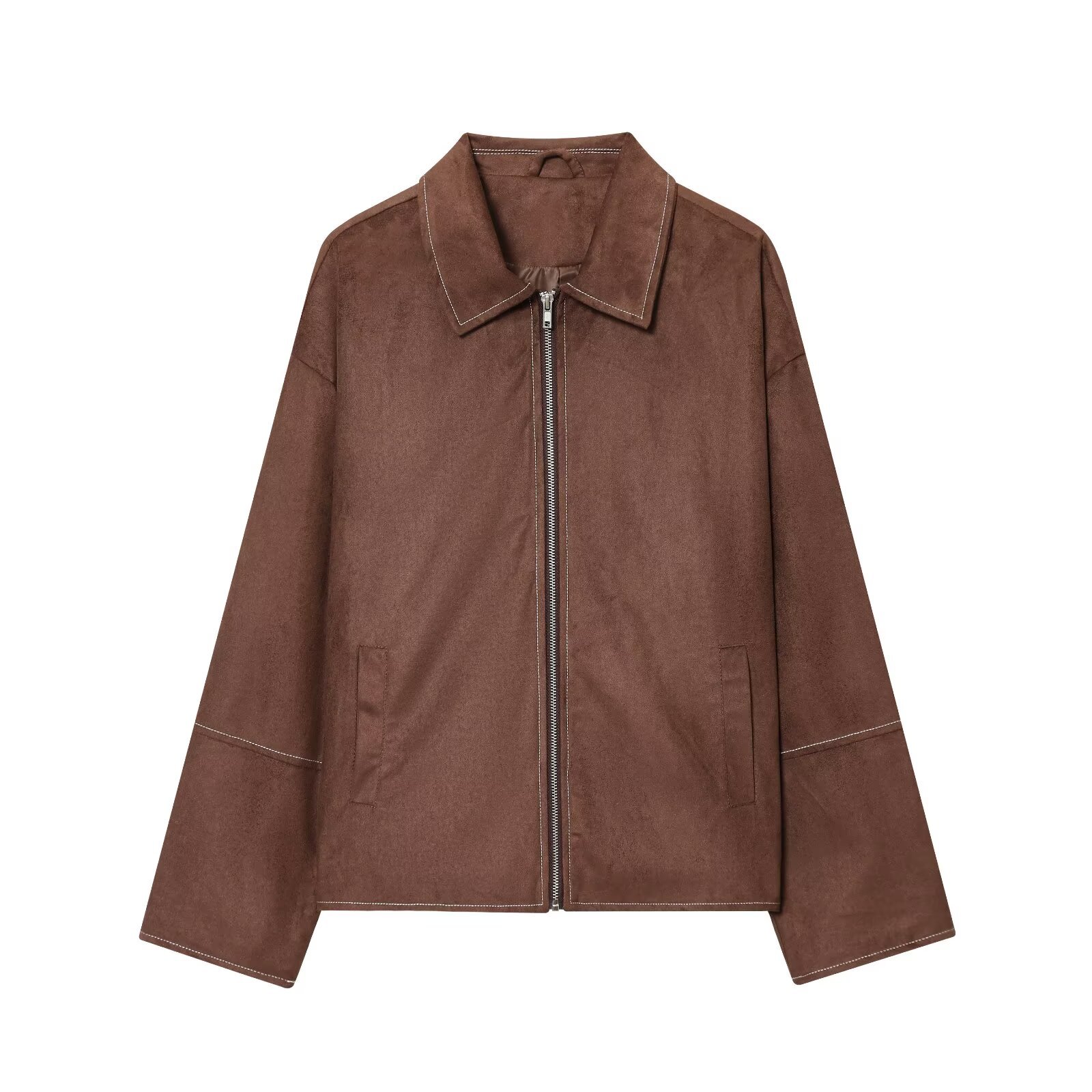 Women's Minimalist Suede Jacket Casual Lapel Zip Up Outerwear Loose Fit Long Sleeve Coat With Pockets Solid Color Brown Autumn Winter