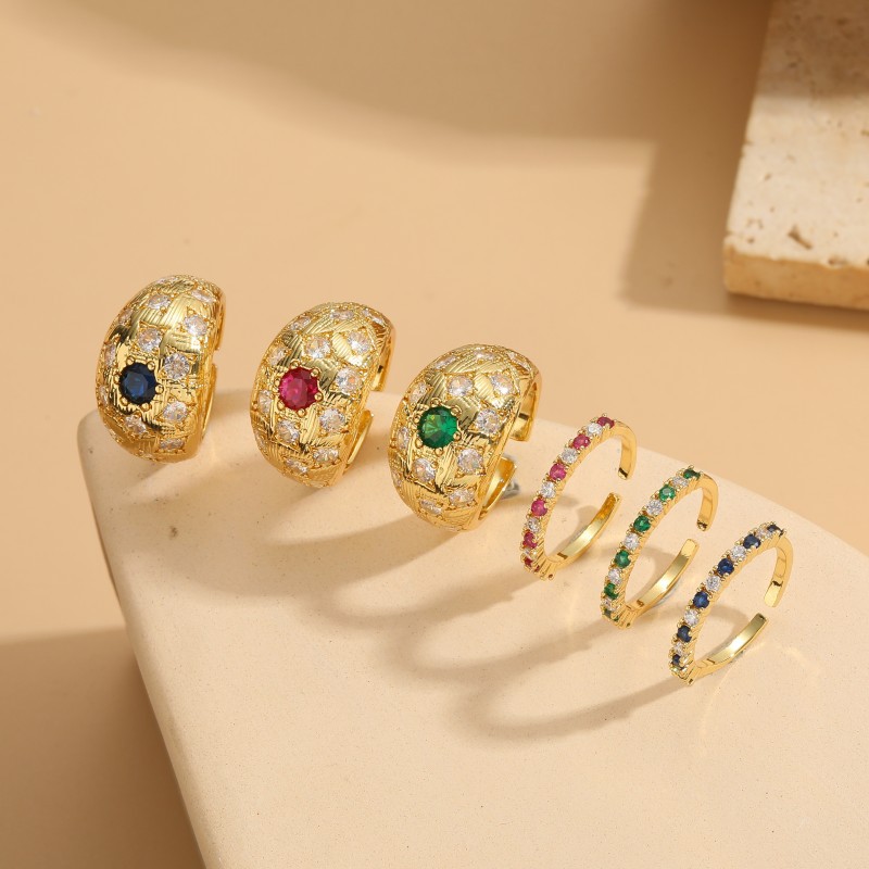 Luxury Geometric Copper Zircon Rings For Women Colorful Stone Inlay Textured Open Adjustable Fashion Jewelry