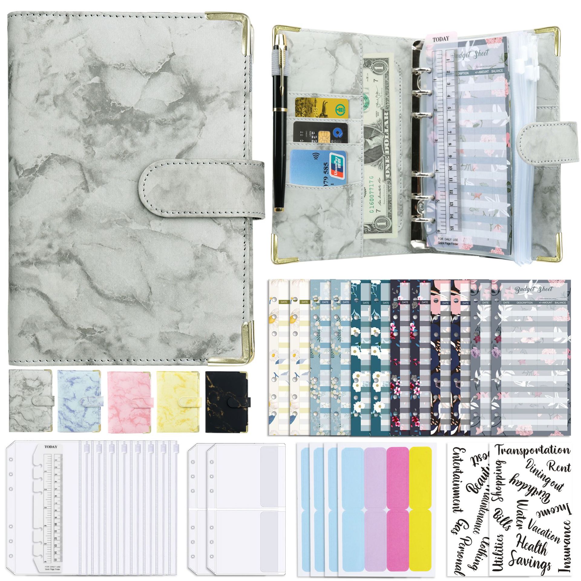 A6 Marble PU Leather Budget Binder Set With 6-Ring Loose-leaf Planner Cash Envelopes Budget Sheets Stickers Ruler For Money Saving Organizer Women Men Stationery Gift