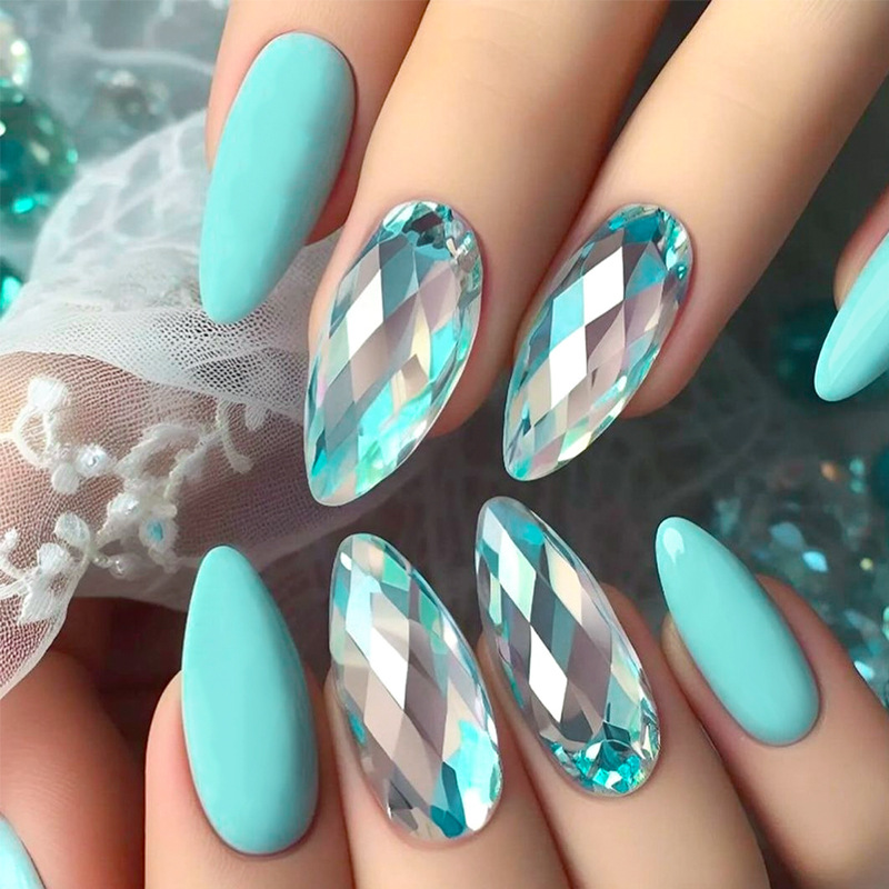 24Pcs Long Almond Press On Nails Holographic Rhombic Lake Blue False Nails With Jelly Glue Adhesive Tabs Nail File Kit For Women Daily Party DIY Manicure