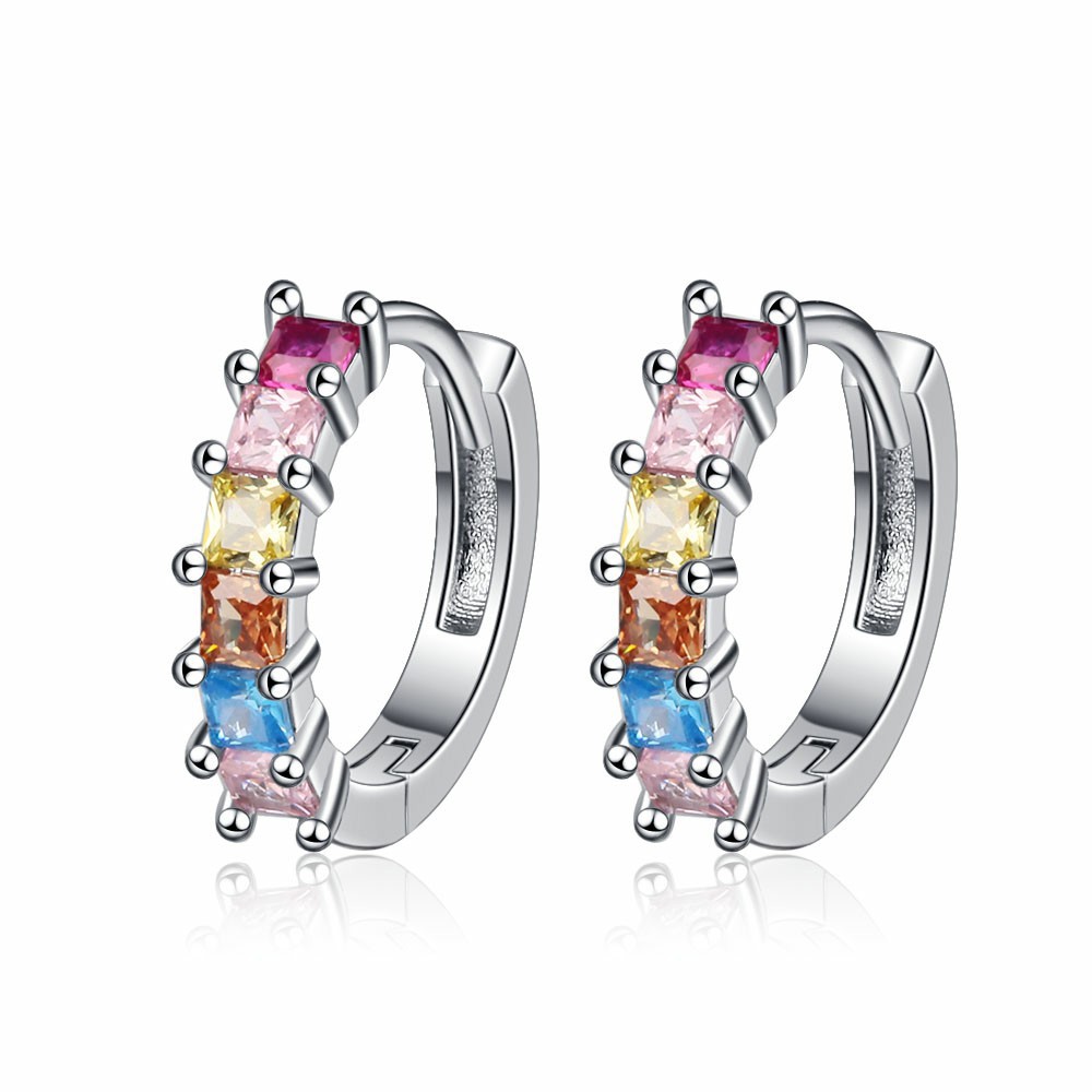 Colorful Rainbow Zircon Huggie Hoop Earrings Geometric Copper Jewelry For Women With Silver Earring Post