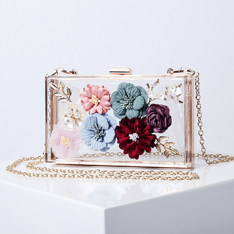 Women's 3D Floral Acrylic Evening Bag Luxury Handmade Flower Clutch Purse With Gold Chain Strap Elegant Wedding Party Crossbody Handbag For Lady