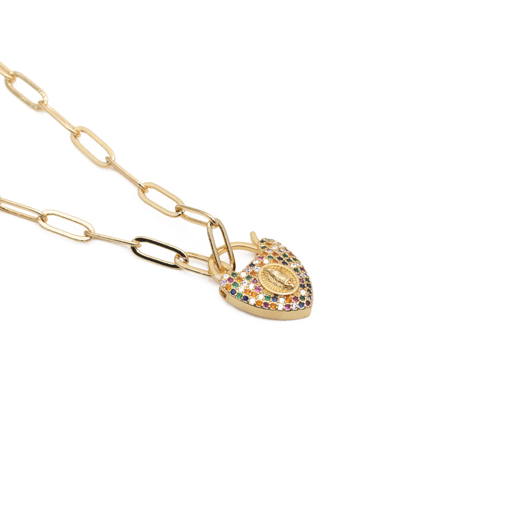 Gold Plated Copper Paperclip Chain Heart Locket Pendant Necklace With Colorful Zirconia Virgin Mary Relief Religious Jewelry Gift For Women Girls