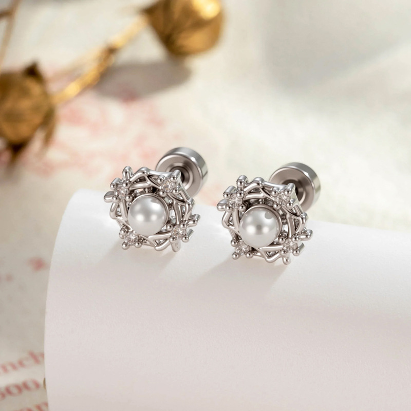 Titanium Steel Geometric Flower Pearl Ear Cartilage Stud Earrings For Women Zirconia Vintage Screw Back Flat Back Body Piercing Jewelry