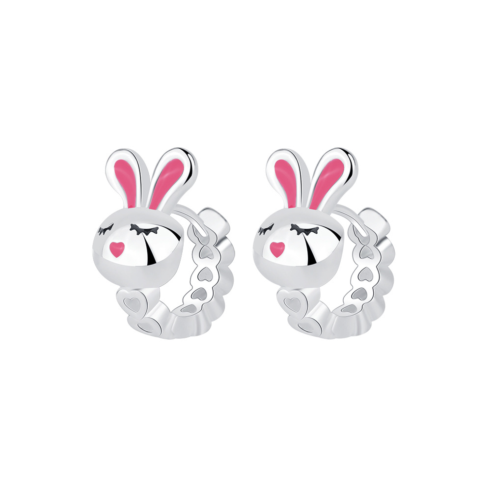 Cute Rabbit Hoop Earrings Silver Plated Copper With Silver Earring Post Pink Enamel Heart Hollow Sweet Animal Jewelry For Women