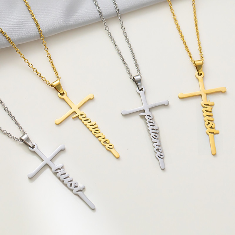 Stainless Steel Cross Pendant Necklace For Women Inspirational Letter Hope Love Blessed Grace Patience Trust Jewelry Elegant Daily Fashion Necklaces Gift