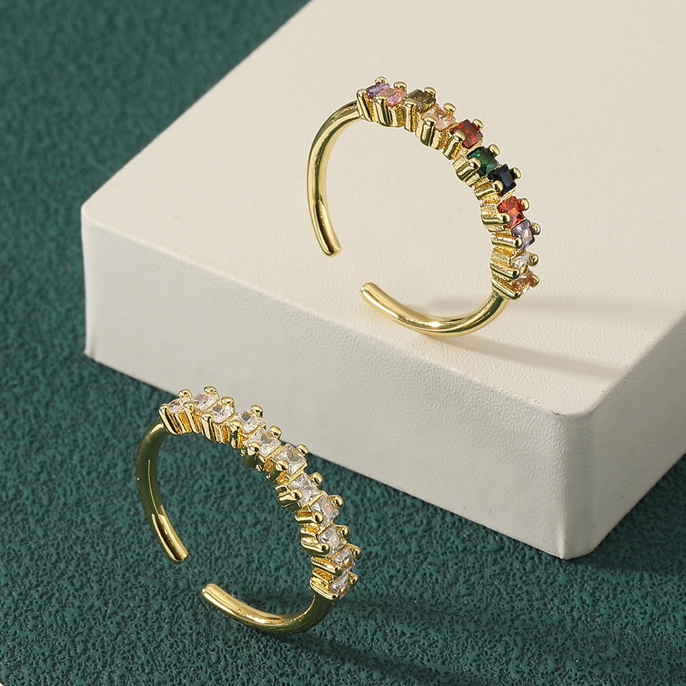 Women Fashion Ring Copper Micro Inlaid Colorful Zircon Vintage Niche Open Adjustable Gold Plated Geometric Finger Ring