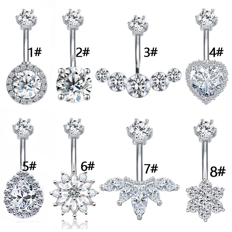 Belly Button Ring 316L Stainless Steel Cubic Zirconia Navel Piercing Jewelry Heart Water Drop Flower Styles