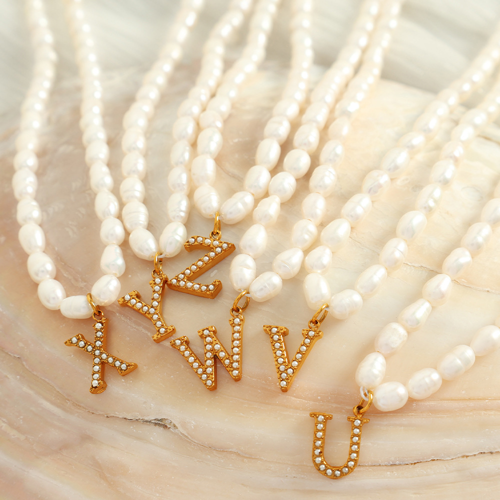 Initial Pendant Necklace Gold Plated Stainless Steel Freshwater Pearl Baroque Letter Choker Jewelry For Women