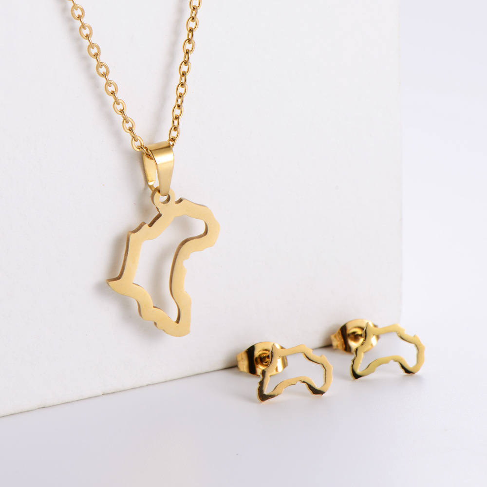 Stainless Steel Gold Plated Africa Australia Map Jewelry Set For Women Girls Hollow Out Map Pendant Necklace Stud Earrings Minimalist Geographic Jewelry